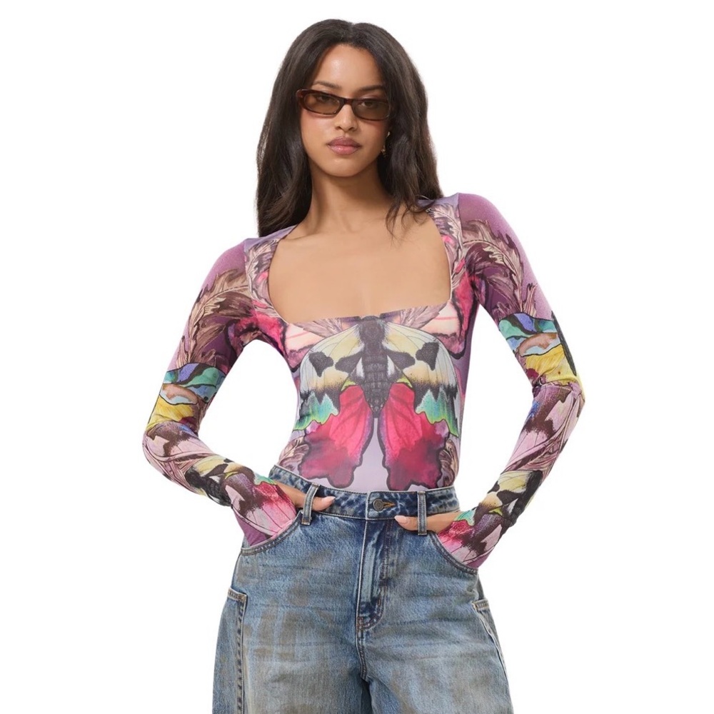 AFRM Square-Neck Long-Sleeve Butterfly Print Bodysuit - Pink Multicolor
